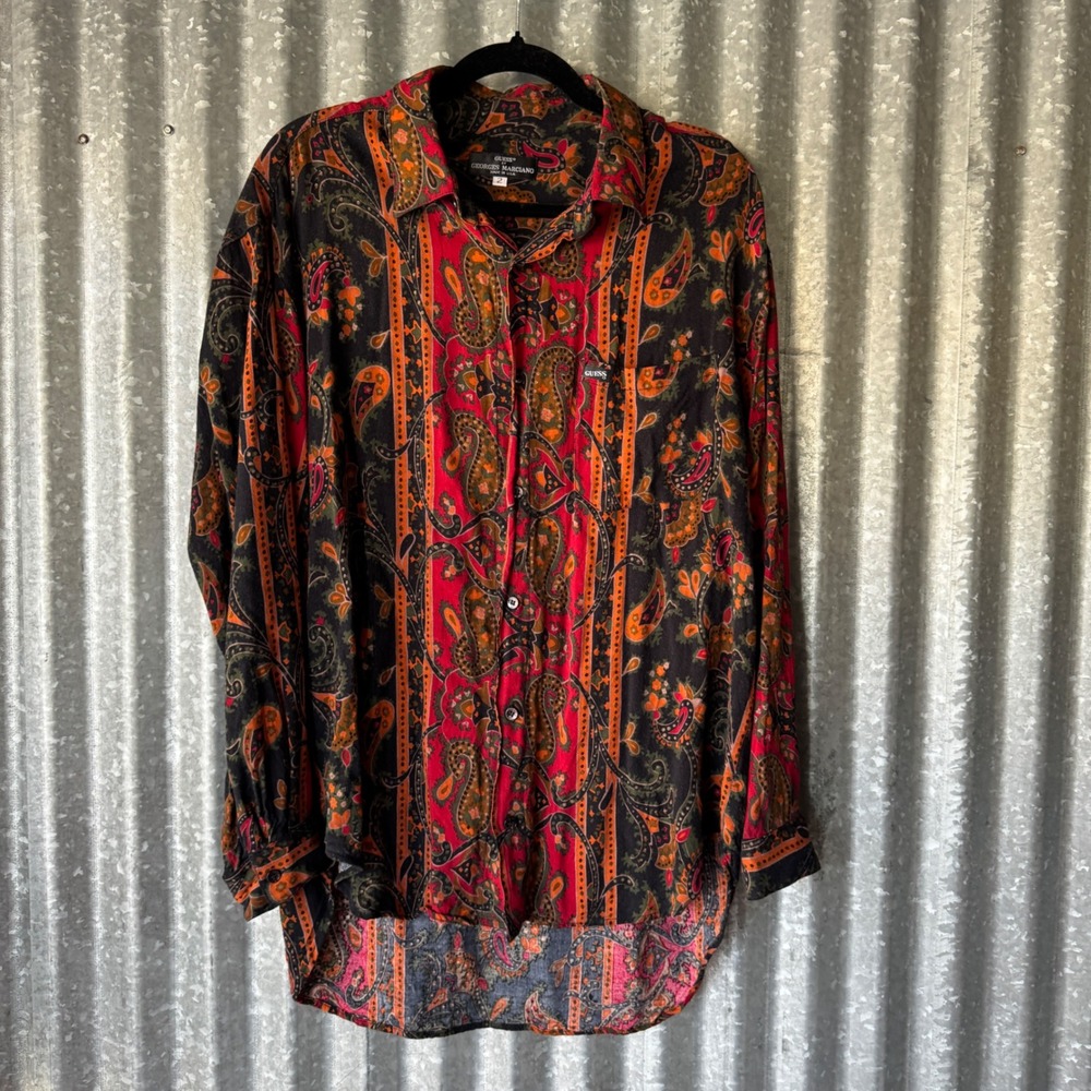 Vintage Guess by Georges Marciano Paisley Rayon Shirt Red Orange Medium USA Sz2